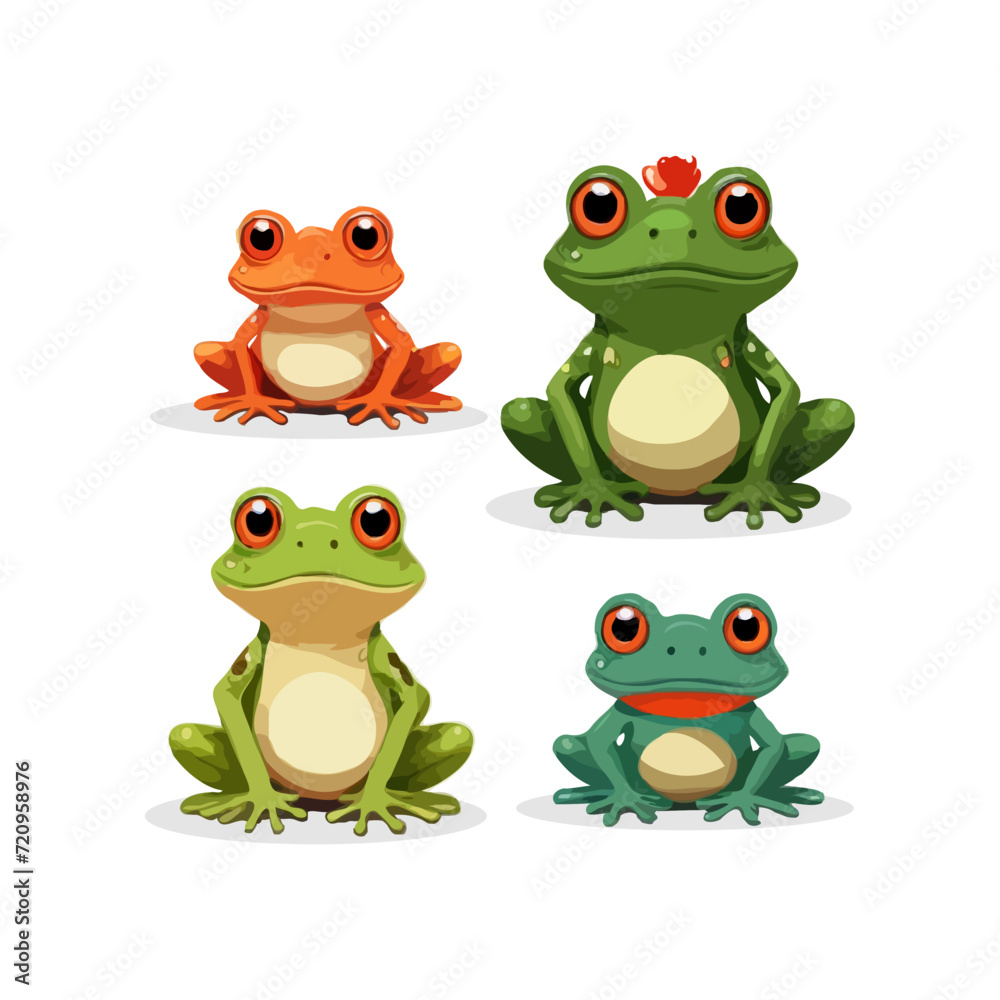 Fototapeta premium Green cartoon frogs, active water animals, cute amphibian. Funny frogs, sleeping and jumping froglets flat vector illustrations set. Cute froggy collection