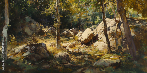 a painting of a white trees among rocks  generative AI