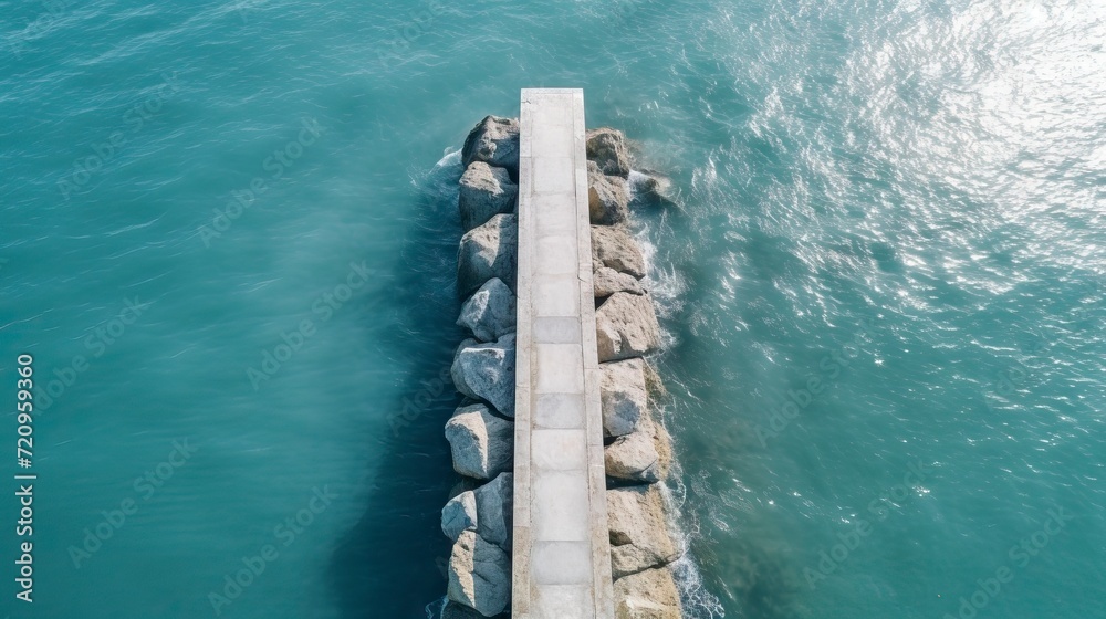 Aerial view of a concrete breakwater in the middle of the sea Generative AI