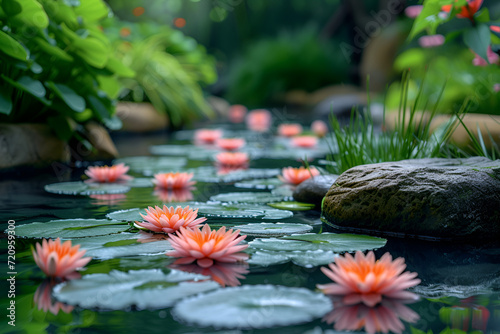 A tranquil garden with blooming flowers and a peaceful pond with lily pads. Created with generative AI.