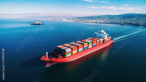 Container ship in the sea. Aerial view. 3d rendering. Generative AI