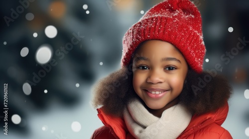 African Girl Smiling in Santa Claus Red Hat on Christmas Background Design AI Generated