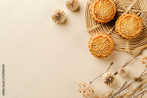 Delicious mung bean mooncake for Mid-Autumn Festival. Concept of traditional festive chinese food on light background. Holiday celebration. Banner with copy space