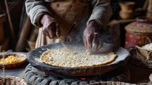traditional clothes making injera on the wooden table. photo