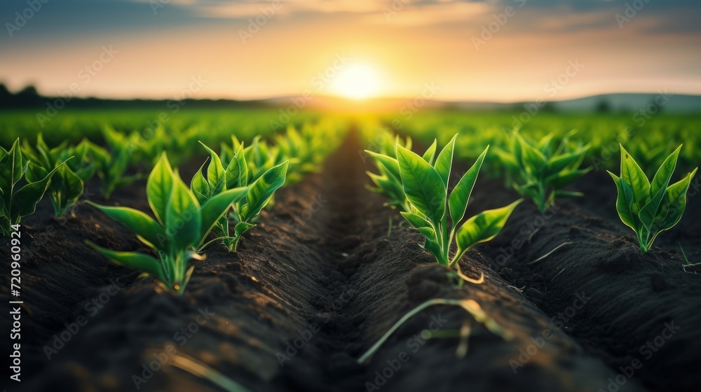 Young corn seedlings growing on a field at sunset. Agricultural landscape Generative AI
