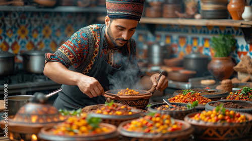 Handsome Turkish man cooking tagine in the pottery at the market