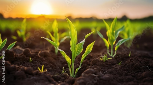 Young corn seedlings growing in the soil at sunset. Close-up. Generative AI