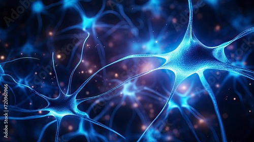 Neuron (neuron) on blue background. 3d illustration Generative AI