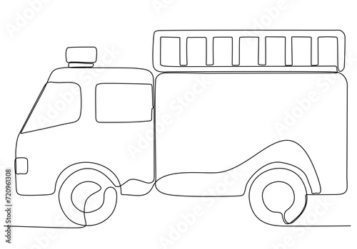 Single one line drawing of firetruck with rescue ladder and nozzle. Fire engine as firefighter apparatus isolated doodle minimal concept. Trendy continuous line draw design graphic vector illustration