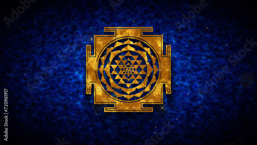 Sri Yantra Sacred Geometry Hinduism Symbol Gold Texture On Dark Blue Shiny Grunge Subtle Grain Texture Effect Background