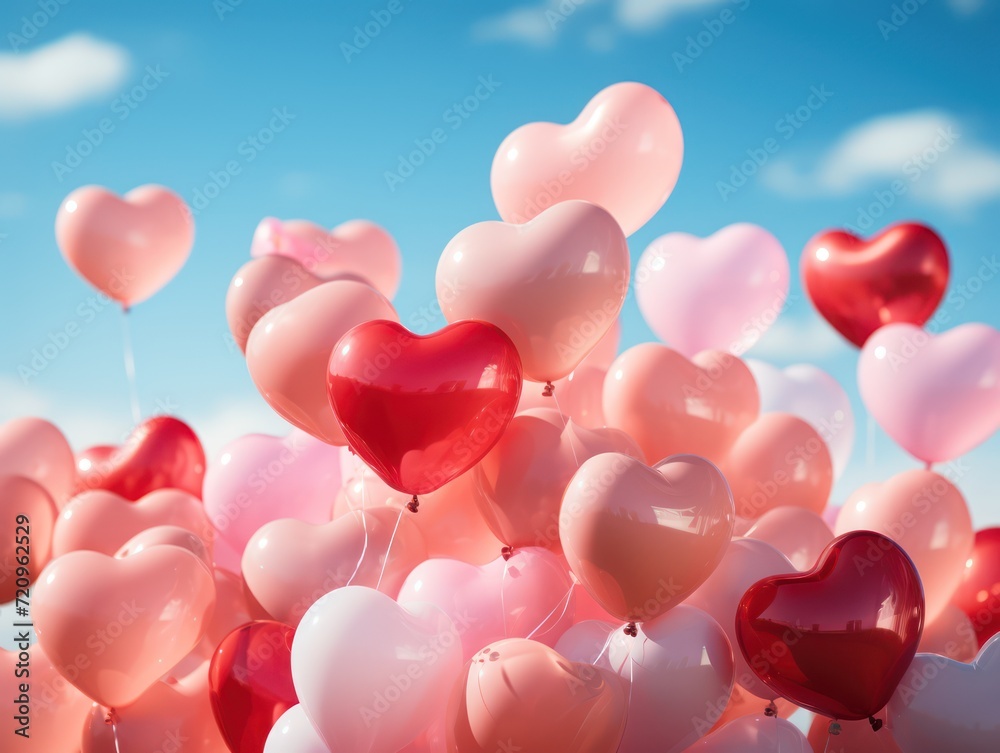 Love is in the Air: Red and Pink Heart-shaped Balloons Against a Blue Sky on Valentine's Day AI Generated