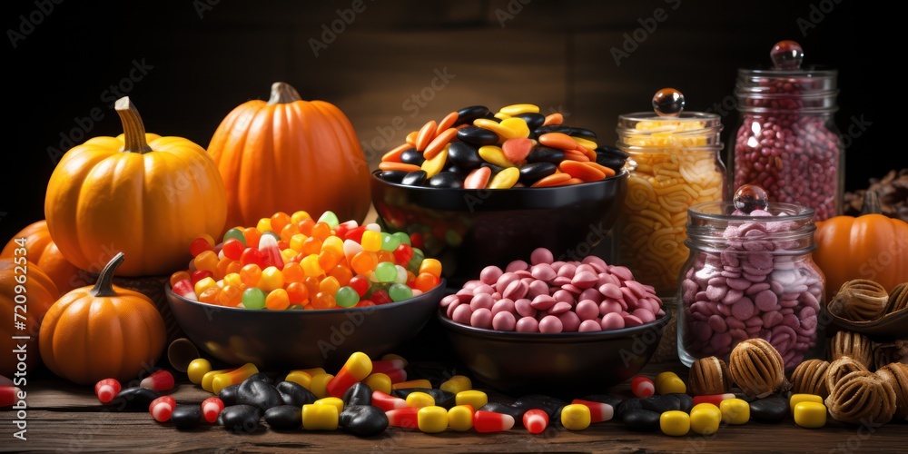 Halloween Candy Spread on Table for Trick-or-Treaters AI Generated