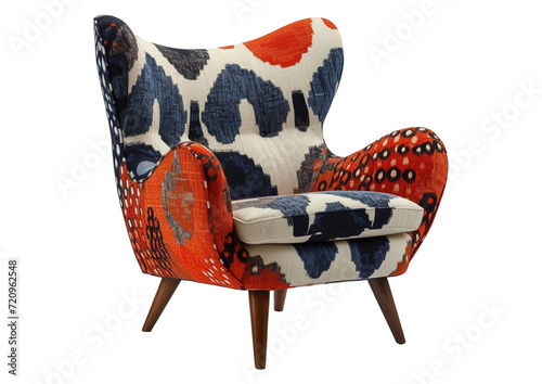 A chic modern accent chair with bold patterns, standing out against a transparent background. Isolated furniture for interior design. photo