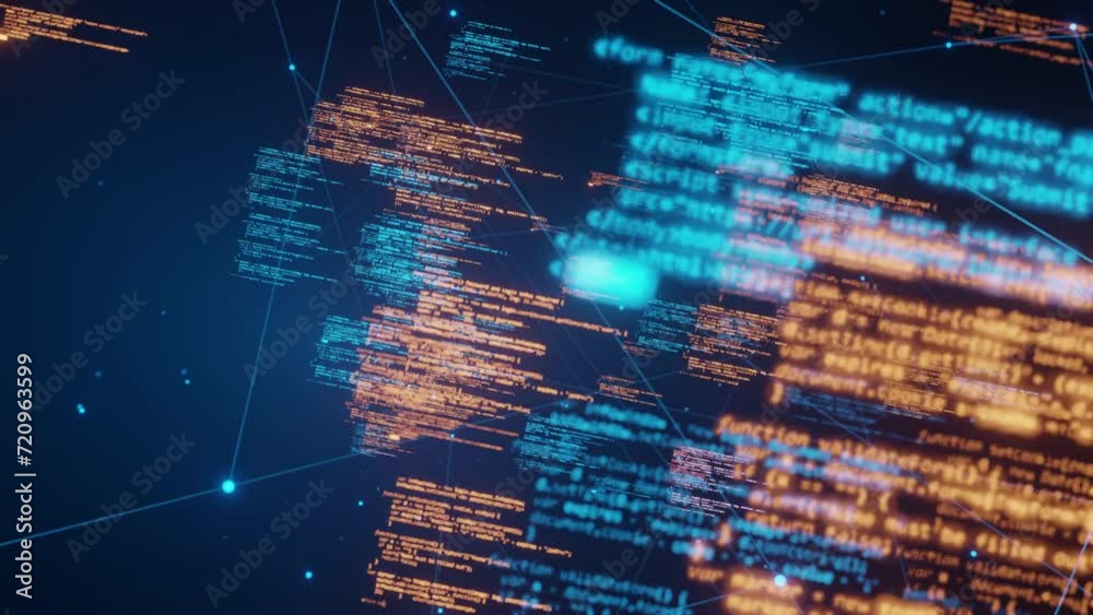 coding with line network system data, camera flying forward.