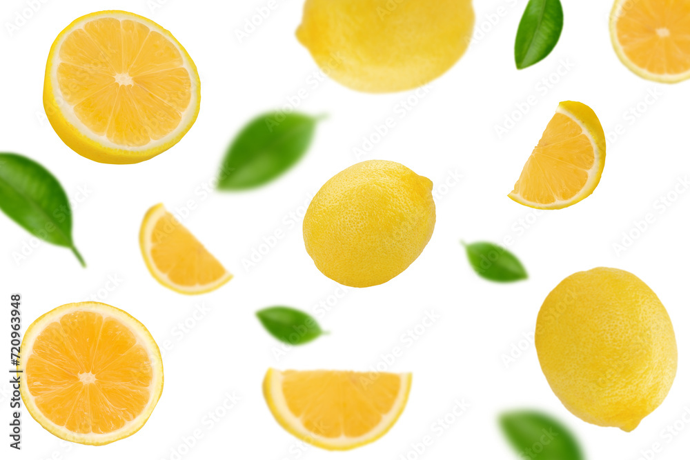 Flying Lemon with green leaf on transparent background