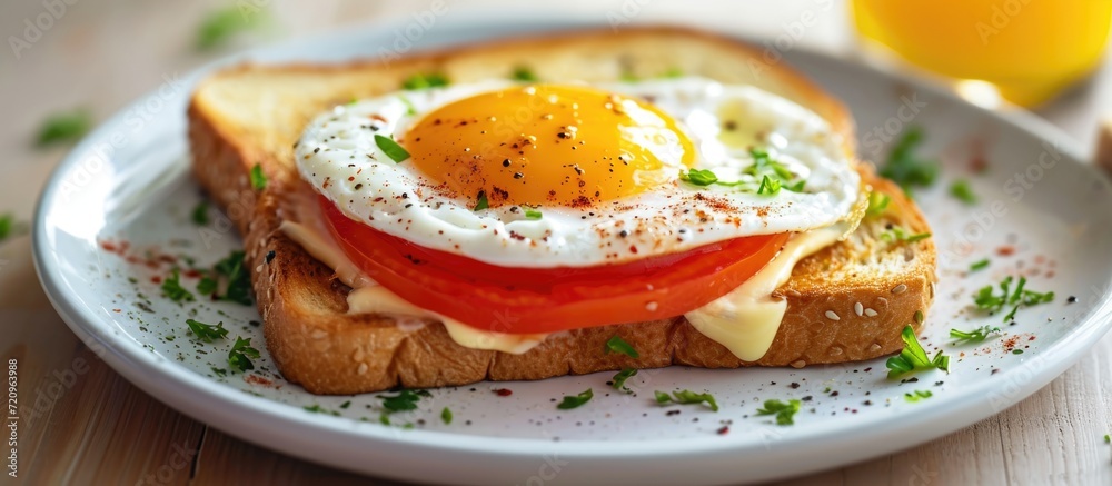 Prepared breakfast sandwich with butter, egg, and tomato on plate. Prepared breakfast sandwich with butter, egg, and tomato on plate.
