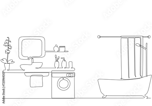 Continuous one line drawing of washbasin cabinet with toilet bowl and hand dryer vector illustration. WC black outline sketch. Public restroom interior isolated on white background.