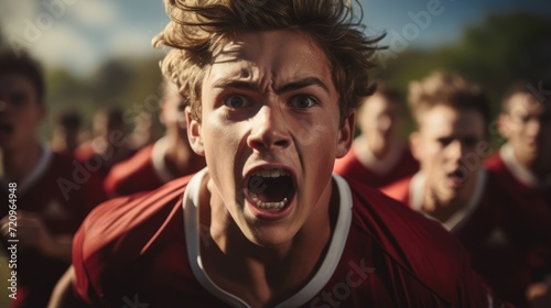 Portrait of a young football player screaming at the camera in a stadium. Generative AI