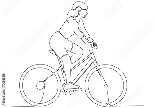 One continuous line. Cyclist on a bike in the mountains. Mountain bike. Extreme sport.Woman cyclist.One continuous line drawn isolated, white background.
