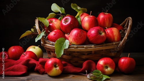 Basket with fresh red apples on wooden table. Dark background. Generative AI