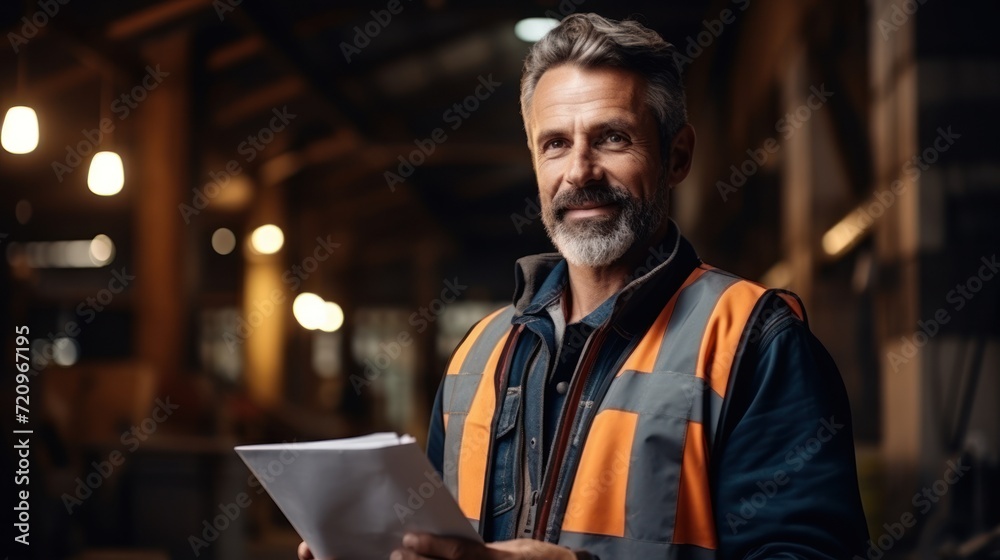 Portrait of mature male engineer in reflective vest looking at camera and smiling while standing outdoors Generative AI