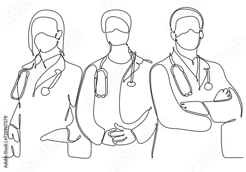 One continuous single line drawing group of young male and female doctors posing standing together holding medical reports. Teamwork medical concept draw single line design vector illustration