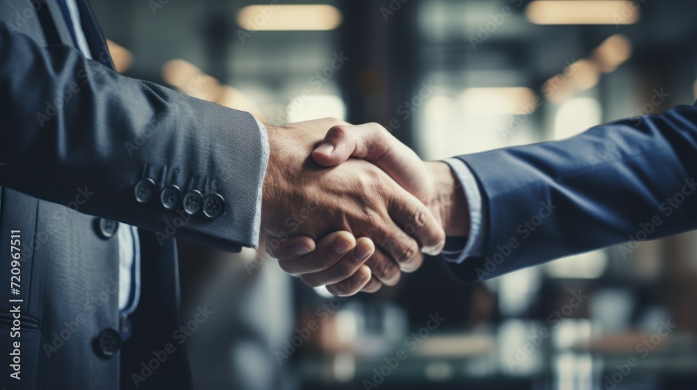Close up of business people shaking hands in office. Business handshake concept. Generative AI