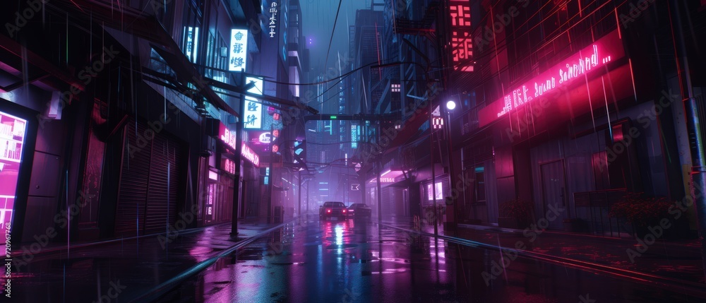 nighttime in a cyberpunk city, vibrant neon lights.