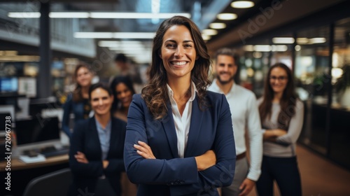 Portrait of a smiling businesswoman with her colleagues in the background Generative AI