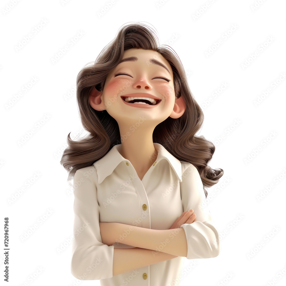 3D cartoon laughing brunette happy smile young woman posing with expression, isolated on white and transparent background 3D cartoon laughing brunette happy smile young woman posing with expression, isolated on white and transparent background