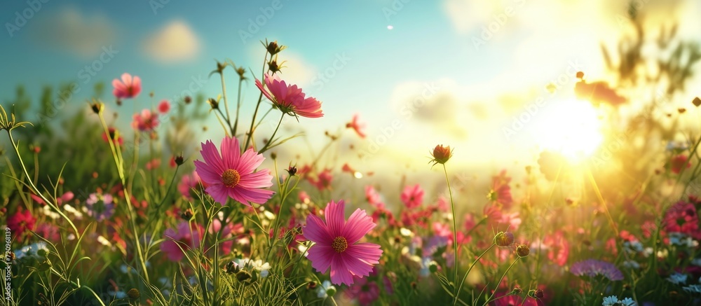 The vibrant flowers are blooming beautifully amidst lush green nature and a shining sun in the open sky.