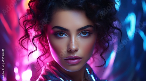 Fashion art portrait of young beautiful woman with bright make-up in neon light. Generative AI