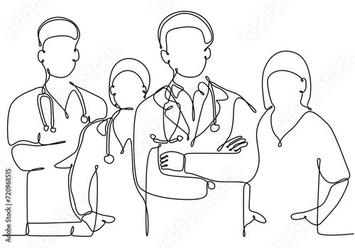One continuous single line drawing group of young male and female doctors posing standing together holding medical reports. Teamwork medical concept draw single line design vector illustration