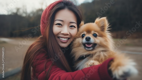 Asian Lady Taking Selfie with Dog During Online Studies AI Generated