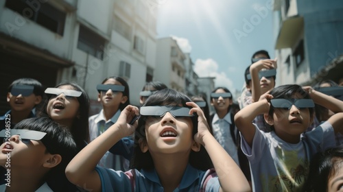 Asian Kids Observing Solar Eclipse with Solar Lens Glasses AI Generated photo