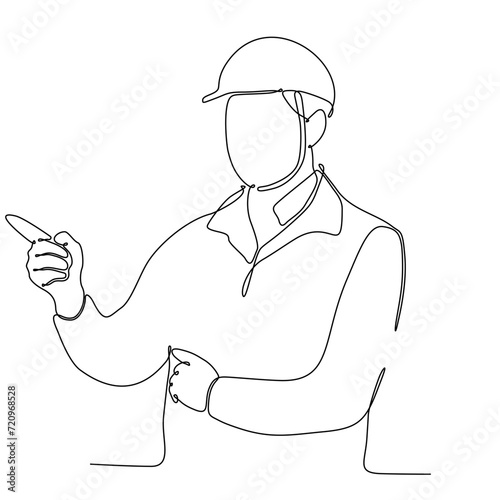 One continuous line drawing of young foreman manager controlling building construction. Building architecture business concept. Single line drawing graphic design vector illustration