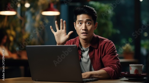 surprised asian young man using laptop and showing stop gesture Generative AI