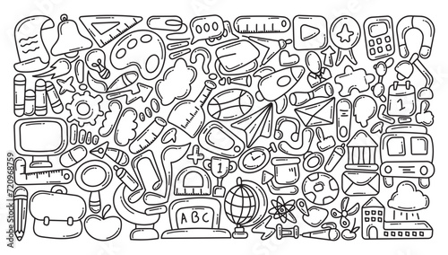 Hand Drawn Education Elements in Black and White Doodle Art Style. Suitable for Vector Illustration Templates