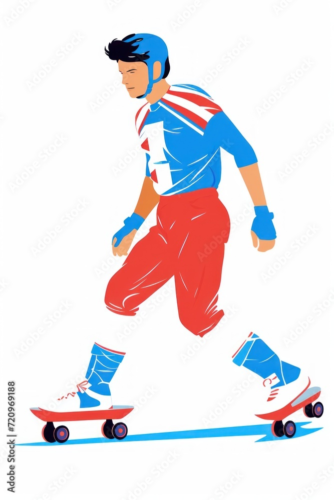 Asian Young Male on Roller Skates - Minimalism Flat Illustration AI Generated