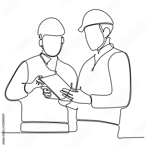 One continuous line drawing of young foreman manager controlling building construction. Building architecture business concept. Single line drawing graphic design vector illustration