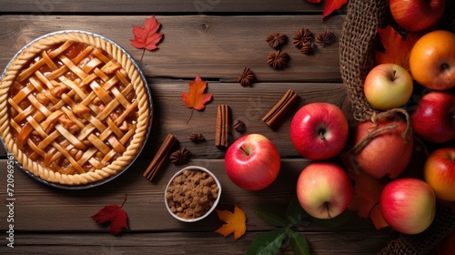 Autumn still life with apple pie, apples and cinnamon on wooden background Generative AI