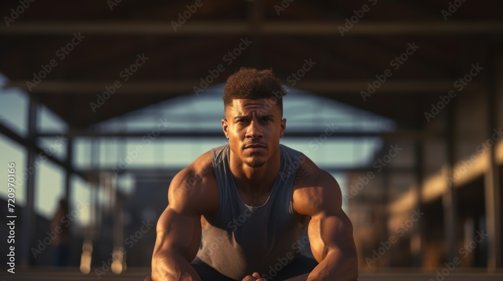 african american sportsman looking at camera while sitting in gym Generative AI