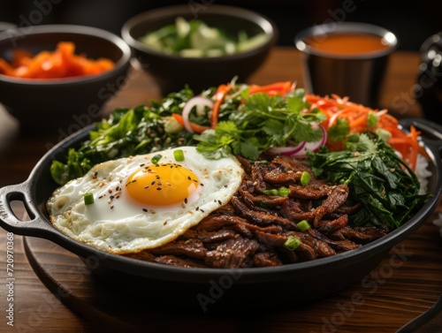 Authentic Korean Bibimbap Served in a Hot Stone Bowl with Vibrant Vegetables AI Generated