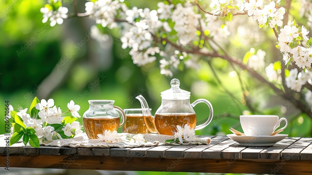 Serene Tea Setting with Fresh Blossoms in Garden Serene Tea Setting with Fresh Blossoms in Garden