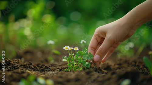 Close-up of woman's hand planting chamomile seedlings in soil