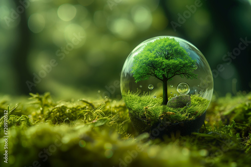 Glass globe with green tree inside on moss background. Environment conservation concept. © An