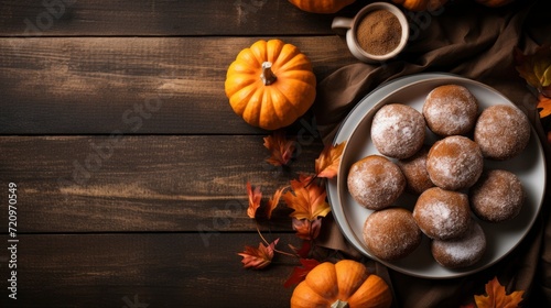 Homemade cookies with sugar powder and pumpkins on dark wooden background Generative AI