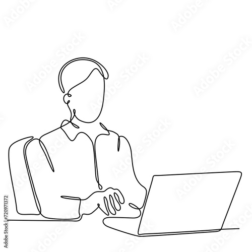 continuous line drawing of professional young business man using digital mobile phone tablet computer working and writing work plan in personal notebook isolated on white background
