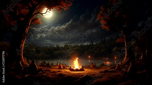 Nocturnal Reflections: A Campfire Gathering by the Lake Under the Stars