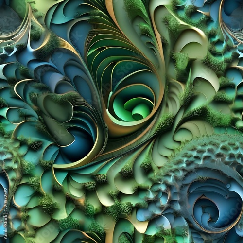 Organic fractal pattern, swirling green and blue shapes, abstract nature concept, 3D rendering2 photo